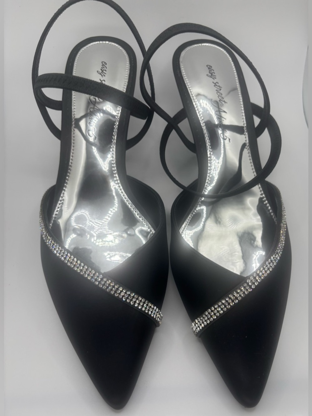easy street Black Pointed-Toe Strappy Heels with Rhinestone Band